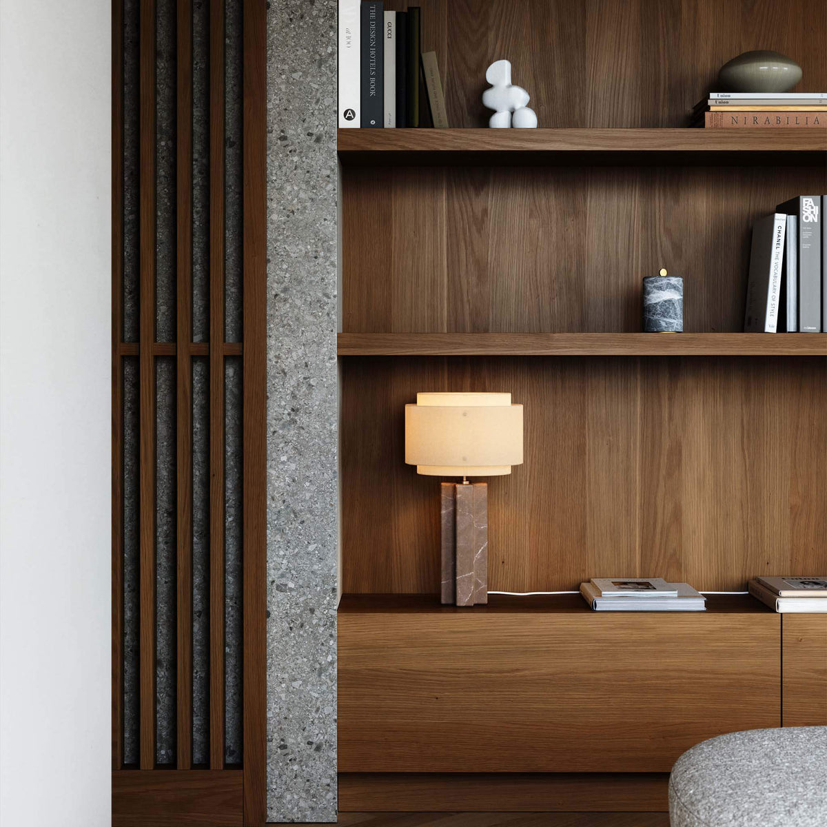 KANDDEMONO THE TABLE 180×70 Takai table lamp beige linen brown marble base - candeeiro de mesa